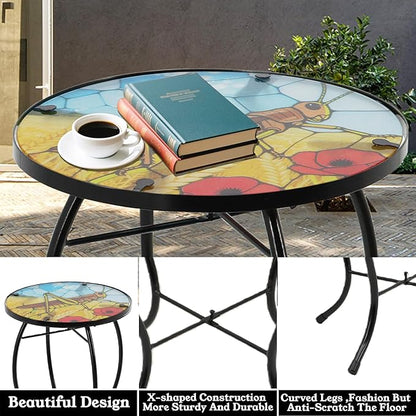 Small Side Table with Metal Frame, 10.5" Round Side Tables with Grasshopper Pattern,Outdoor Table for Balcony,Terrace,Garden,Living Room