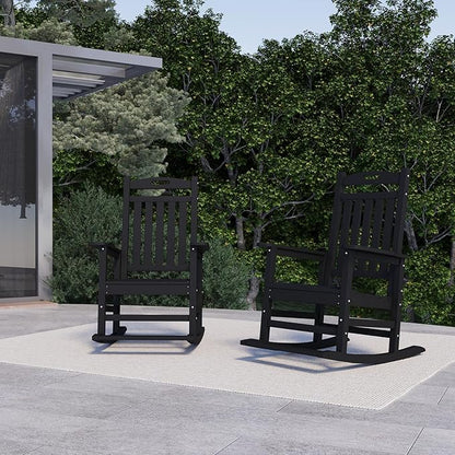 PLUUV Outdoor Rocking Chair, HDPE Patio Rocking Chairs with Footboard, All Weather Porch Rockers Outdoor for Adult, Effortless Installation, Black