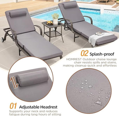 HOMREST Pool Lounge Chairs Set of 3, Outdoor Wicker Chaise Lounge Chair with 5 Adjustable Backrest & Flexible Wheels & Thicken Cushion for Patio Garden and Poolside, Gray