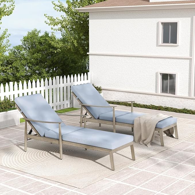HAPPATIO Outdoor Chaise Lounge Chair Set of 2, Aluminum Pool Chair with Adjustable Backrest and Cushion, Curved Armrest - Photo 7