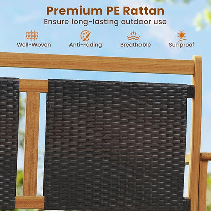 RELAX4LIFE Wooden Outdoor Glider Bench - 2-Person Wicker Rattan Swing Gliding Rocker Chair w/Acacia Wood Armrests, Wicker Back & Seat, Rocking Patio Loveseat for Porch Backyard Pool Garden (45.5'')
