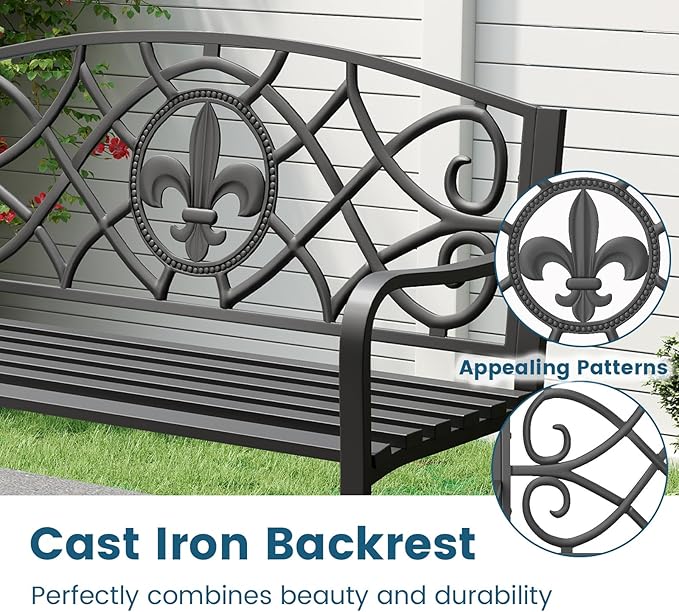Tangkula Metal Outdoor Garden Park Bench, 50.5 Inch Metal Slatted Loveseat for 2-3 with Cast Iron Floral Backrest, Heavy-Duty Patio Seating Furniture for Backyard, Porch, Balcony