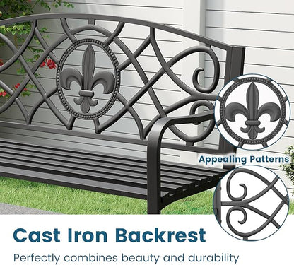Tangkula Metal Outdoor Garden Park Bench, 50.5 Inch Metal Slatted Loveseat for 2-3 with Cast Iron Floral Backrest, Heavy-Duty Patio Seating Furniture for Backyard, Porch, Balcony
