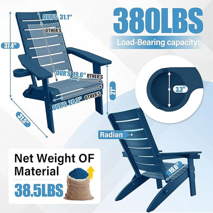 YEFU Adirondack Chair, Folding Adirondack Chairs Set of 2 with Arc Back & Cup Holder, Weather Resistant Plastic Oversized Chair for Outdoor Patio Lawn Garden Backyard Deck Fire Pit, Navy