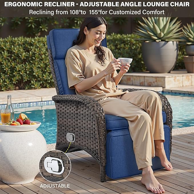 Belord Versatile Outdoor Recliner Chair Set of 3 - Reclining Patio Chair with Adjustable Backrest and Footrest - Photo 3