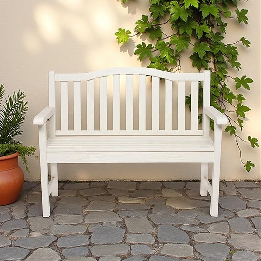 Shine Company Belfort Outdoor Solid Wood Patio Garden Bench, Ergonomic Seat, 22" D x 44.75" W x 36" H, Eggshell White