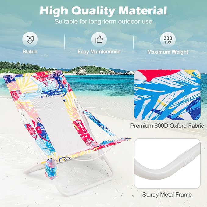 GYMAX Beach Chair Set of 2, Folding Sling Chairs with Headrest, Cup Holder & Shoulder Strap - Photo 5