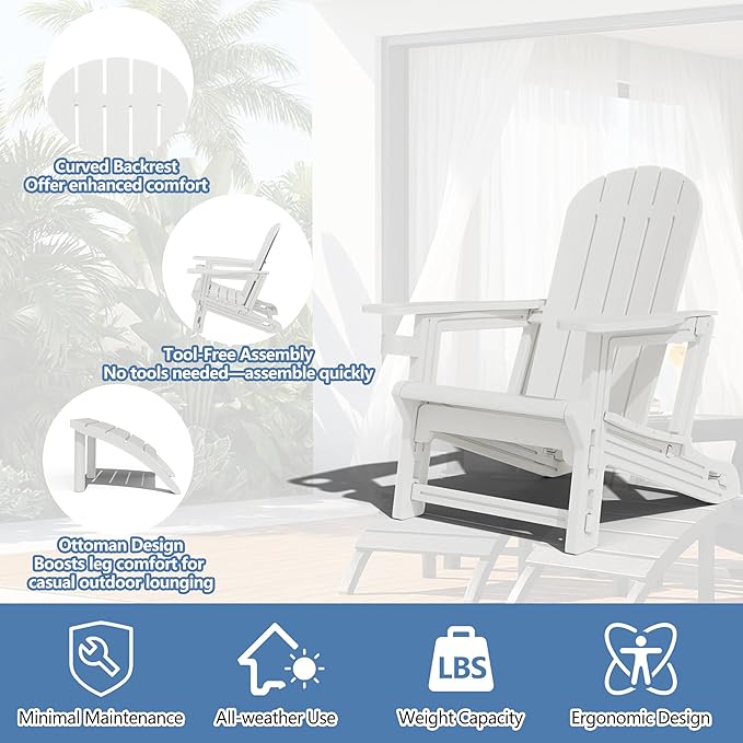 Shintenchi Adirondack Chair Set of 2,HDPE Adirondack Chairs with Umbrella Hole Connecting Tray & 2 Curved Ottoman,Plastic Outdoor Chairs with Cup Holders for Garden Backyard Pool,White