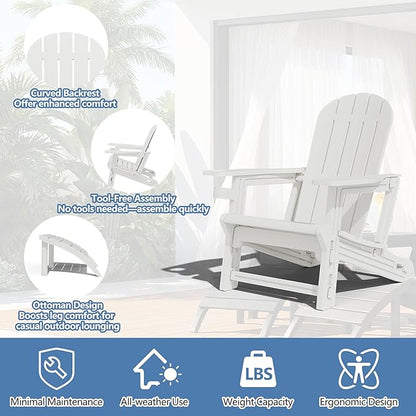 Shintenchi Adirondack Chair Set of 2,HDPE Adirondack Chairs with Umbrella Hole Connecting Tray & 2 Curved Ottoman,Plastic Outdoor Chairs with Cup Holders for Garden Backyard Pool,White