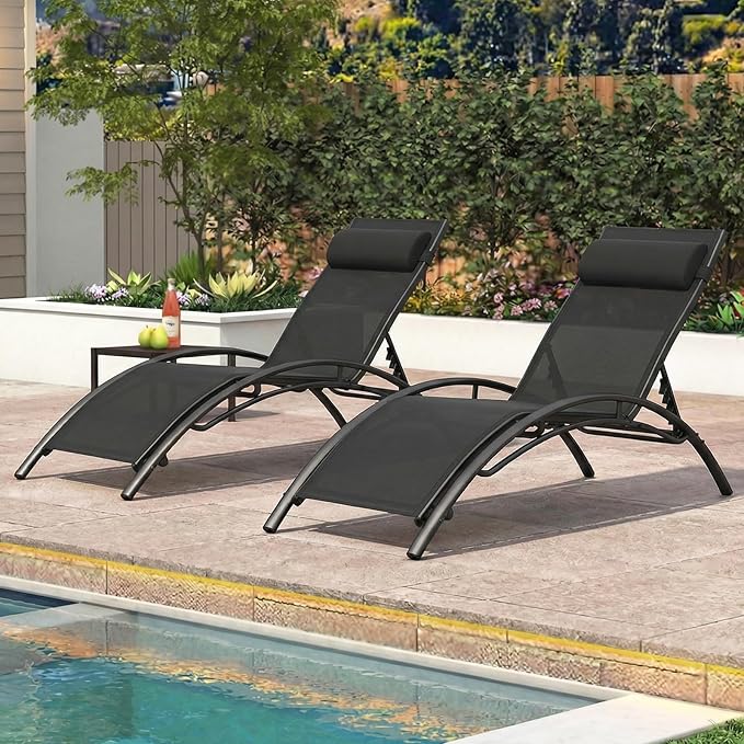Tangkula Lounge Chairs Outdoor Set of 2, Heavy-Duty Patio Chaise Lounges with 5-Position Backrest & Breathable Seat Fabric, Outside Beach Pool Sunbathing Recliner for Backyard, Poolside (Black)