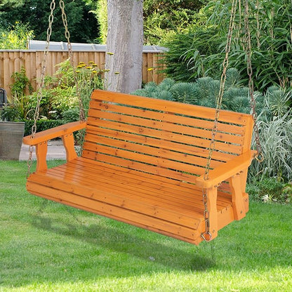 Giantex Wooden Porch Swing 2 Seat - Outdoor Swinging Chairs with Hanging Chains, 600 lbs Weight Capacity, 4 FT Finished Fir Wood Bench Swing for Patio, Outside, Garden, Lawn, Backyard (Orange)