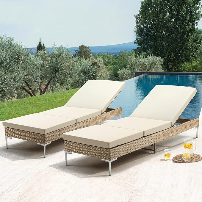 HOMREST Outdoor Chaise Lounge Chair Set of 4, Patio Wicker Lounge Chairs with Adjustable Backrest, Rattan Pool Sunbathing Chaiser with Removable Cushion (Khaki)