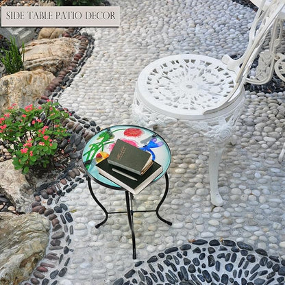 Outdoor Table Small Patio Side Table Metal Glass End Table Plant Table Decor Garden Balcony Indoor Accent Table