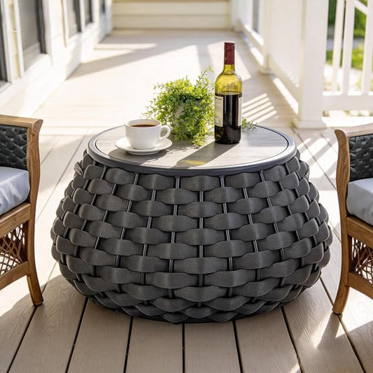 Large Round Outdoor Wicker Side Table, 28 Inches Patio End Table with Removable Wood Top, Outside Coffee Table, All-Weather Metal Frame, Hollow Out Bottom Storage, for Balcony, Porch, Garden, Gray