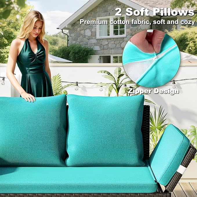 TAVATA Outdoor Convertible Sofa, Woven Rattan Loveseat Patio Furniture Couch with Adjustable Armrests, Removable Cushions & Pillows, Balcony Couch Daybed for Porch, Backyard, Deck, Poolside (Blue)