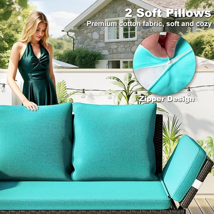 TAVATA Outdoor Convertible Sofa, Woven Rattan Loveseat Patio Furniture Couch with Adjustable Armrests, Removable Cushions & Pillows, Balcony Couch Daybed for Porch, Backyard, Deck, Poolside (Blue)
