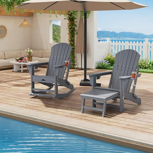 GarveeLife Adirondack Outdoor Rocking Chairs for Porch, Folding Adirondack Rocker Chair With Two Cup Holders, HDPE All Weather Outdoor Adirondacks Rocking Chair