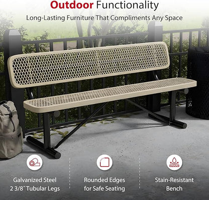 Leisure Craft Metal Outdoor Bench with Back - 6 Foot Heavy Duty Bench Seating for Garden, Porch, Picnic, Park, Expanded Metal, Thermoplastic Coating, Commercial Grade Furniture Made in USA - Beige