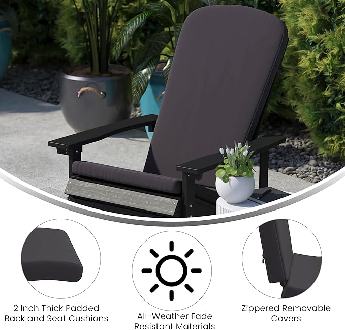 Flash Furniture Charlestown Folding Adirondack Chairs Poly Resin Frame-All-Weather Cushions-Indoor/Outdoor Use, Set of 2, White/Gray