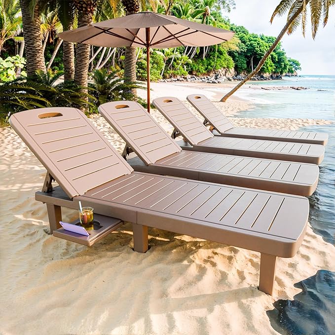 CDCASA Outdoor Chaise Lounge Set of 4, Pool Lounge Chairs w/5 Adjustable Positions & Side Tray, Waterproof Resin Lounges for Poolside,Yard,Garden,Sunbathing, for All Weather, Brown
