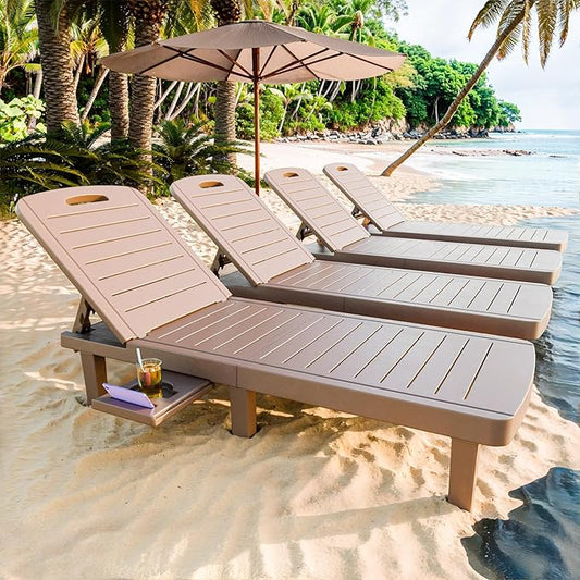 CDCASA Outdoor Chaise Lounge Set of 4, Pool Lounge Chairs w/5 Adjustable Positions & Side Tray, Waterproof Resin Lounges for Poolside,Yard,Garden,Sunbathing, for All Weather, Brown