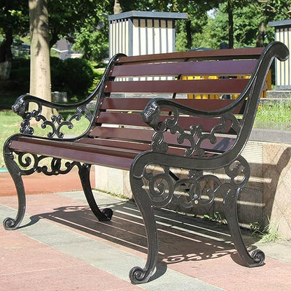Outdoor Bench, Solid Wood Garden Bench, Metal Bench with Backrest and Armrest, Park Patio Bench for Porch, Lawn(Brown,120cm/47.2in)