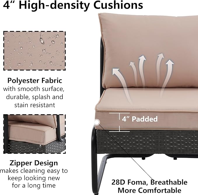 4 Piece Patio Furniture Set, Modern Patio Conversation Set for 5, All Weather Bistro Furniture Set, Metal Patio Sofas Outdoor Sectional with Coffee Table and Cushions for Lawn/Garden, Khaki