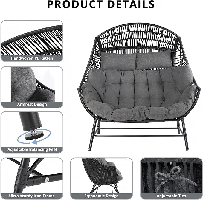 IRONCK 2 Person Egg Chair Indoor Outdoor, Double Lounge Chair, Update Frame, Cushions and Headrests - Photo 6