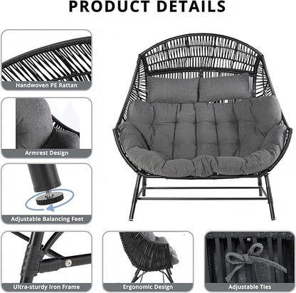 IRONCK 2 Person Egg Chair Indoor Outdoor, Double Lounge Chair, Update Frame, Cushions and Headrests, 700 lbs Egg Loveseat for Garden, Porch, Living Room, Gray
