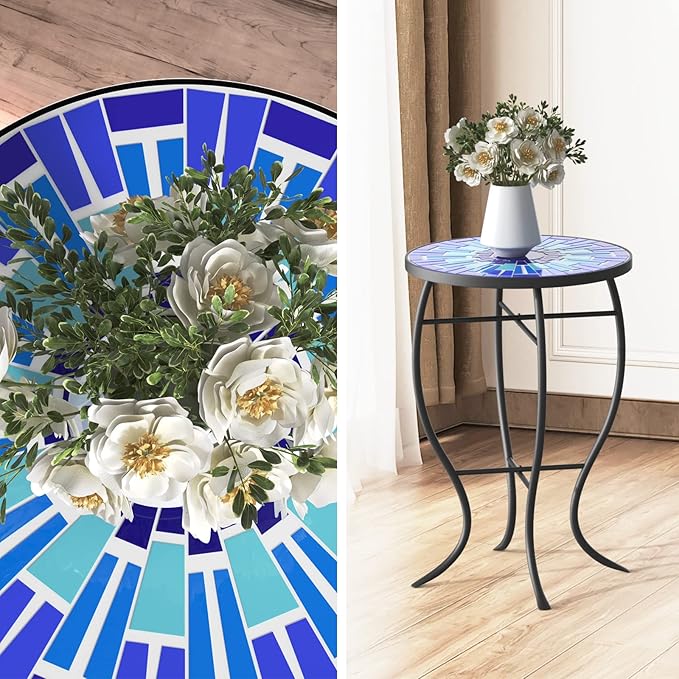 Mosaic Outdoor Side Table, Patio Side Table, Weather Resistant 14" Diameter 21" H Ceramic Tile Round Outside Table for Patio, Porch, Garden, Pool, Indoor&Outdoor,Plant Stand (Vortex)
