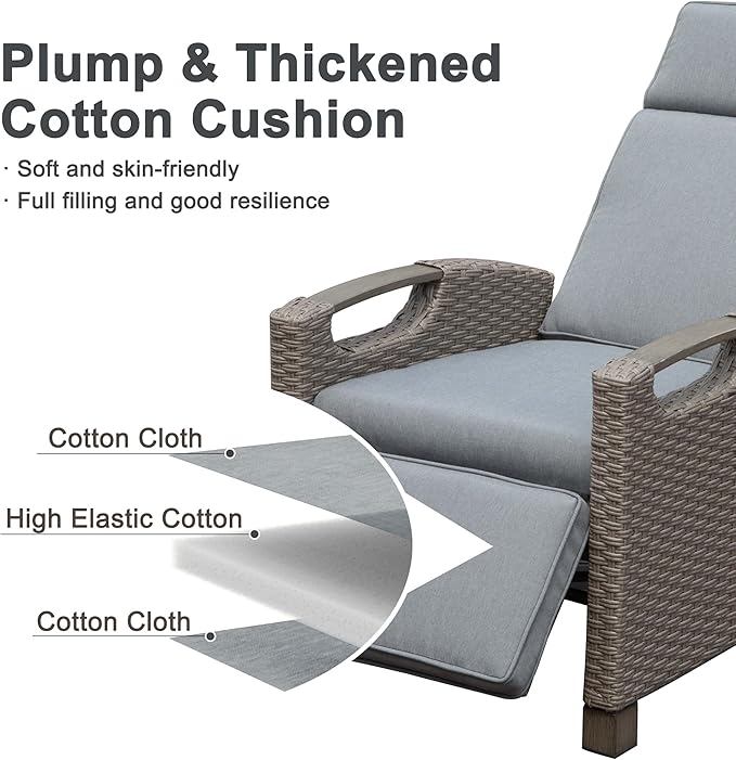Domi Outdoor Recliner Chair, Patio Recliner with Hand-Woven Wicker, Flip Table Push Back, Adjustable Angle, Thickness Cushions, Reclining Lounge Chair for Indoor & Outdoor Use, Grey