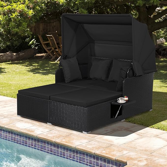 Moccha Outdoor Daybed with Retractable Canopy, Wicker Cabana with 2 Side Tables & Soft Cushions - Photo 9