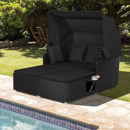 Moccha Outdoor Daybed with Retractable Canopy, Wicker Cabana with 2 Side Tables & Soft Cushions ,Hand-Woven PE Rattan Bed Lounger, Patio Sectional Furniture Set for Garden Backyard Porch (Black)