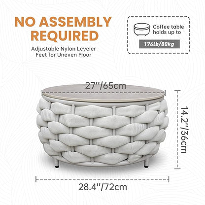 Round Patio Accent Table: φ25.6''/65cm Aluminum Coffee Tables - Hand Woven Rope Side Table Assembled - Metal Modern Outdoor Furniture for 176lbs Deck Porch Garden Poolside Balcony Hotel, Gray