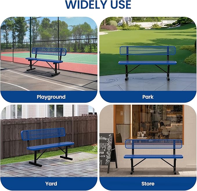 6ft Park Bench for Outside,Heavy Duty Patio Garden School Commercial Benches,Weatherproof Outdoor Bench Blue Metal Park Bench, Outdoor Steel Bench with Backrest,72.4x23.2x32.5inch