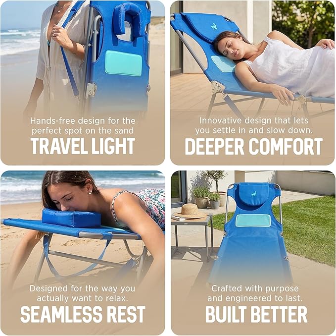 Ostrich the Ladies Comfort Lounger with Chest Support, Foldable and Portable Reclining Outdoor Patio Beach Lawn Camping Pool Tanning Chair, Ocean Blue