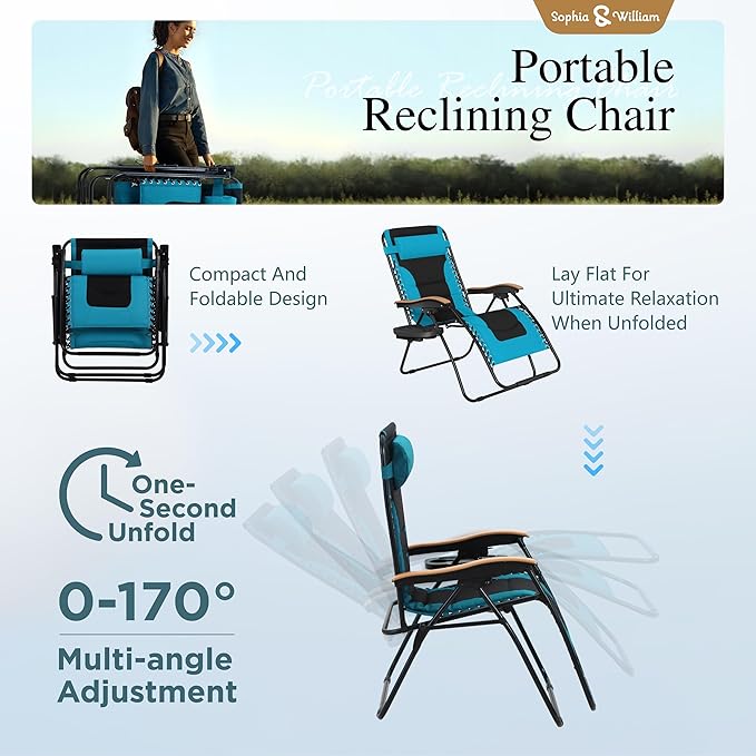 Sophia & William Oversized XXL Zero Gravity Chair Set of 2 Padded Adjustable Folding Reclining Lounge Chair Outdoor Gravity Chair with Wide Armrest and Cup Holder, Support 400 LBS, Aqua