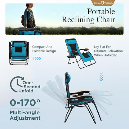 Sophia & William Oversized XXL Zero Gravity Chair Set of 2 Padded Adjustable Folding Reclining Lounge Chair Outdoor Gravity Chair with Wide Armrest and Cup Holder, Support 400 LBS, Aqua