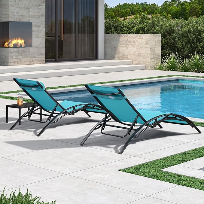 PURPLE LEAF Patio Oversized Chaise Lounge Chair Set with 2 Side Table Poolside Adjustable Recliner Chairs for Outside Beach Outdoor Pool Sunbathing Tanning Lounger
