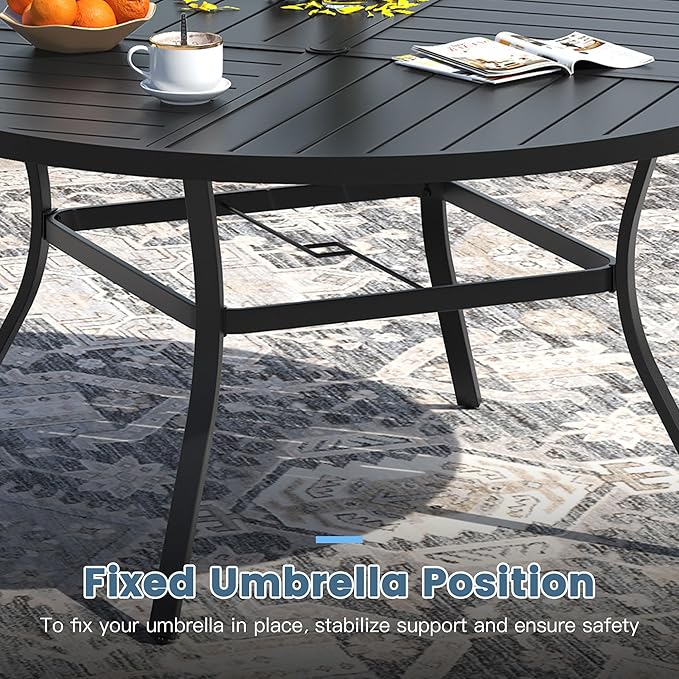 DIFY 59.8" Round Outdoor Patio Dining Table for 8-10, All-Weather Metal Steel Slatted Patio Table with 1.57" Adjustable Umbrella Hole, for Lawn Garden Porch Backyard, Black