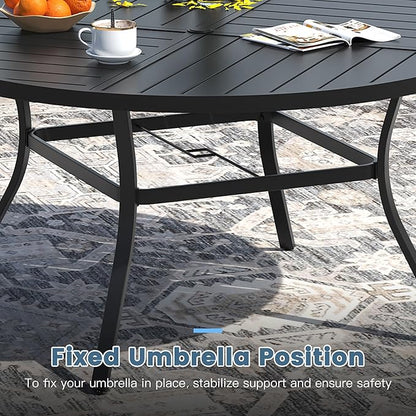 DIFY 53.1" Round Outdoor Patio Dining Table for 6-8, All-Weather Metal Steel Slatted Patio Table with 1.57" Adjustable Umbrella Hole, for Lawn Garden Porch Backyard, Black