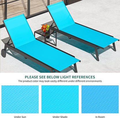 YITAHOME Outdoor Chaise Lounge Chairs Set of 3, Pool Loungers with Side Table, 5-Position Adjustable Backrest,Textile Fabric, and Wheels for Pool Beach Patio Lawn Porch - Blue
