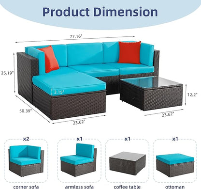 Vongrasig 5 Piece Furniture Sets, All-Weather Brown PE Wicker Outdoor Couch Sectional Small Patio Conversation Garden Sofa Set w/Ottoman, Glass Table, Blue