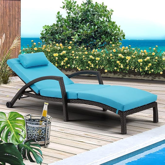 HOMREST Chaise Lounge Chairs Set of 6, PE Rattan Wicker Lounge Chair with Arm and Wheels for Poolside,Blue