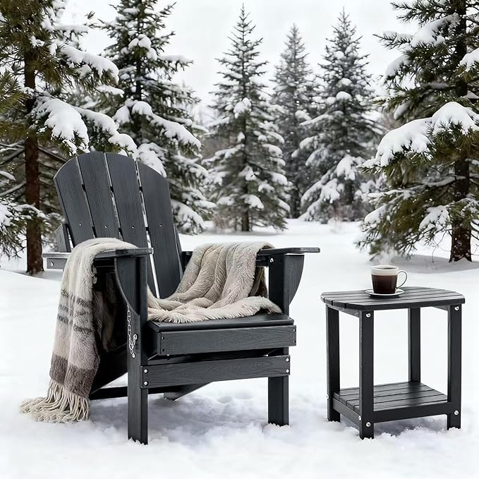 Folding Outdoor Adirondack Chairs Set of 1 with HDPE Side Tables-Plastic Weather Resistant Patio Chairs with Small Outdoor Side Tables 2 Storage for Patio,Fire Pit, Garden and Backyard