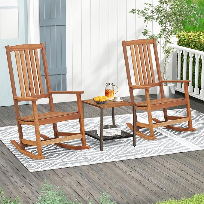 Tangkula Outdoor Wood Rocking Chair, Ergonomic High-Back Patio Rocker with Smooth Rocking Base, Slatted Design, Perfect for Patio, Poolside, Backyard