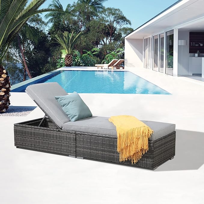 Patiorama Outdoor Patio Chaise Lounge Chair, Elegant Reclining Adjustable Pool Rattan Chaise Lounge Chair with Light Grey Cushion, Grey PE Wicker, Steel Frame