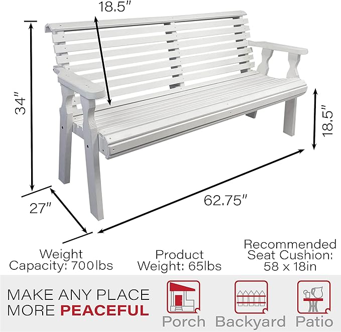 Amish Casual Heavy Duty 5 Foot Roll Back Outdoor Bench in White Stain - Amish Made in The USA from Treated Pine for Outdoor Durability, 700 Lb Weight Capacity