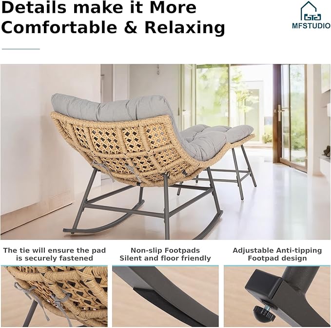 MFSTUDIO Outdoor Papasan Rocking Chair with Ottoman, Wicker Rattan Egg Papasan Rocking Chair, Oversized Egg Shaped Patio Chair, Outdoor Lounge Rocker Chairs for Patio, Balcony, Porch and Indoor