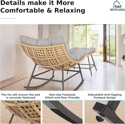 MFSTUDIO Outdoor Papasan Rocking Chair with Ottoman, Wicker Rattan Egg Papasan Rocking Chair, Oversized Egg Shaped Patio Chair, Outdoor Lounge Rocker Chairs for Patio, Balcony, Porch and Indoor